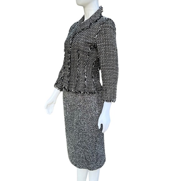 Vintage Bill Blass Jacket Women Fringe Black White Tweed Silk Cropped Sz 6 90's - Picture 14 of 17
